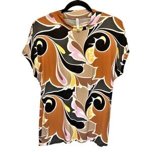 Summum Big Swirl Print Short Sleeve Mock Neck T-shirt - size Medium